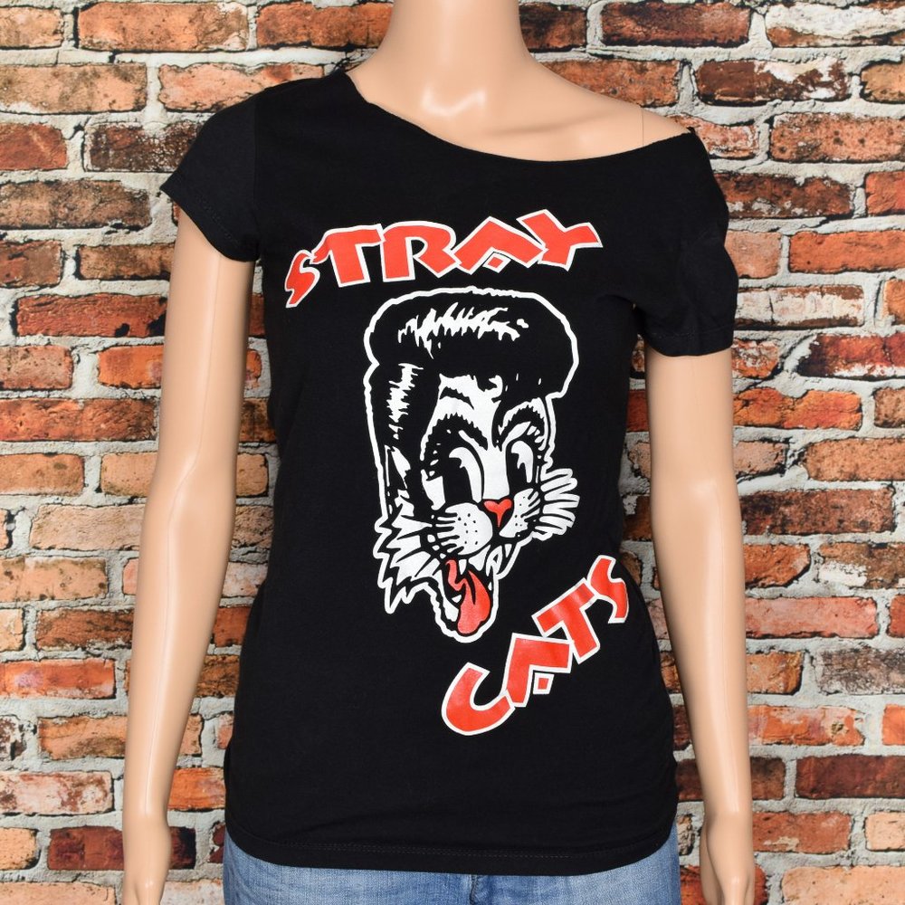 Women's Black Modified/Cut Up Back Stray Cats Short Sleeve T-shirt